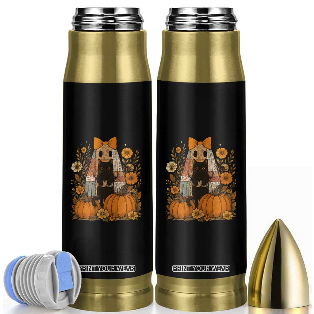 Halloween Vintage Patchwork Ghost Holding Black Cat Groovy Floral Bullet Tumbler TS11 Black Print Your Wear