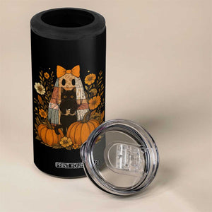 Halloween Vintage Patchwork Ghost Holding Black Cat Groovy Floral 4 in 1 Can Cooler Tumbler TS11 Print Your Wear