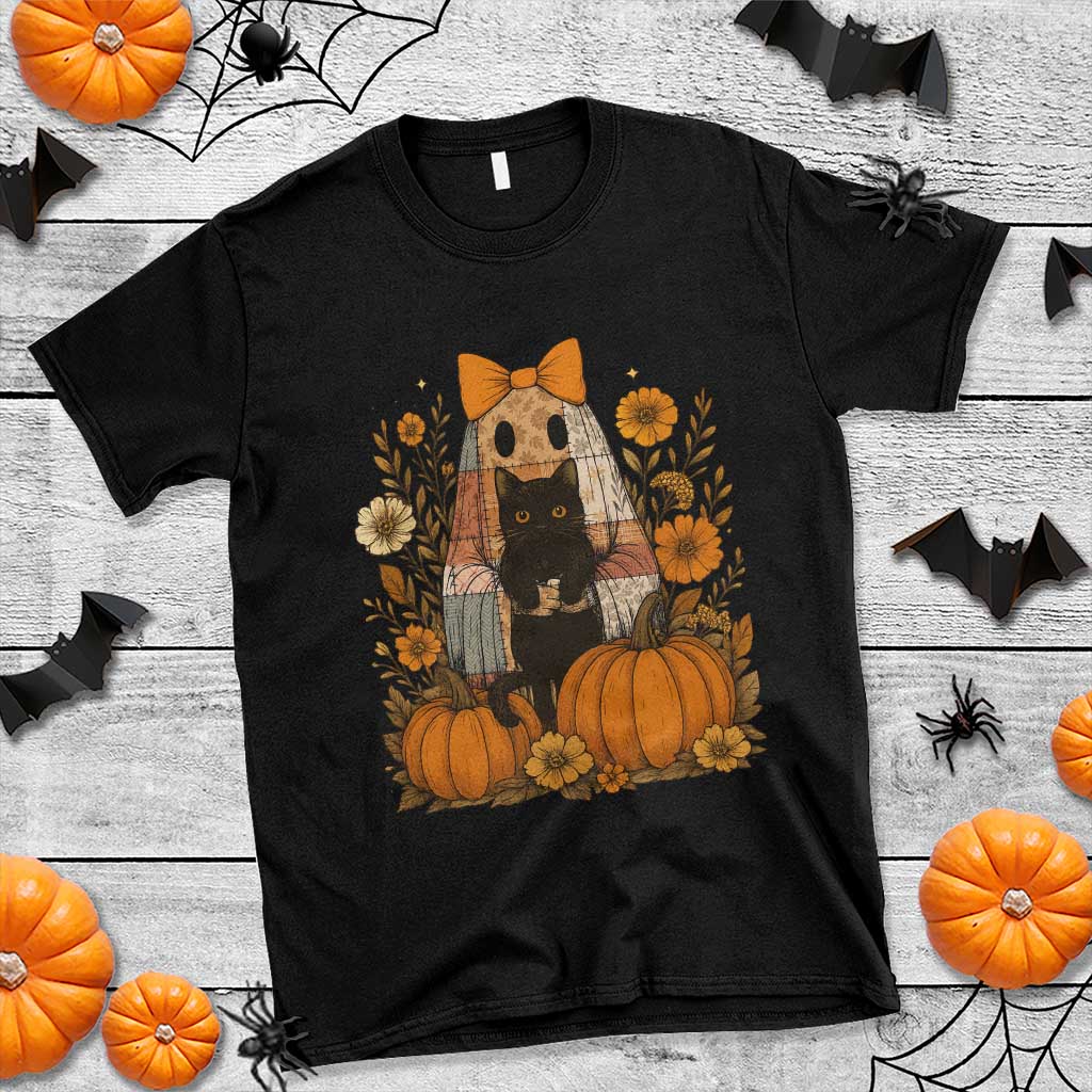 Halloween Vintage Patchwork Ghost Holding Black Cat Groovy Floral T Shirt TS11 Black Print Your Wear
