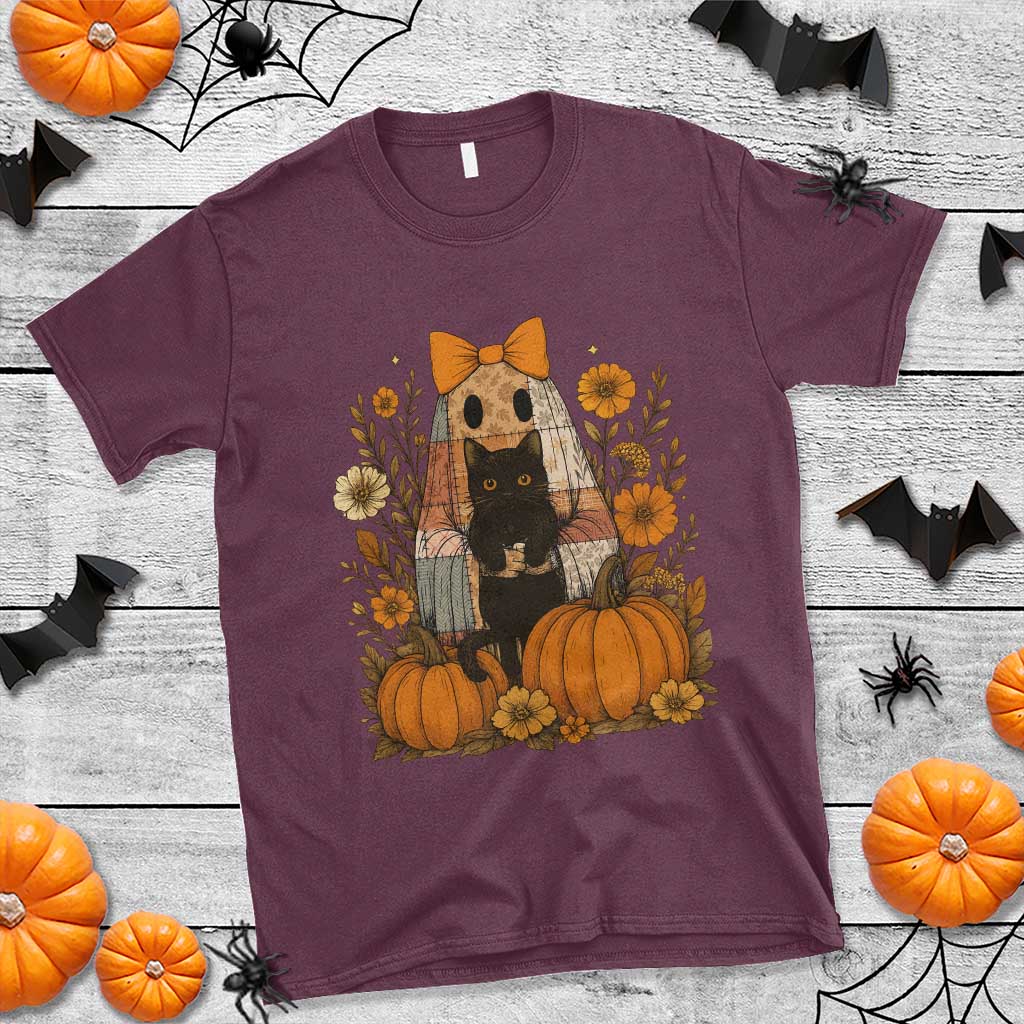 Halloween Vintage Patchwork Ghost Holding Black Cat Groovy Floral T Shirt TS11 Maroon Print Your Wear