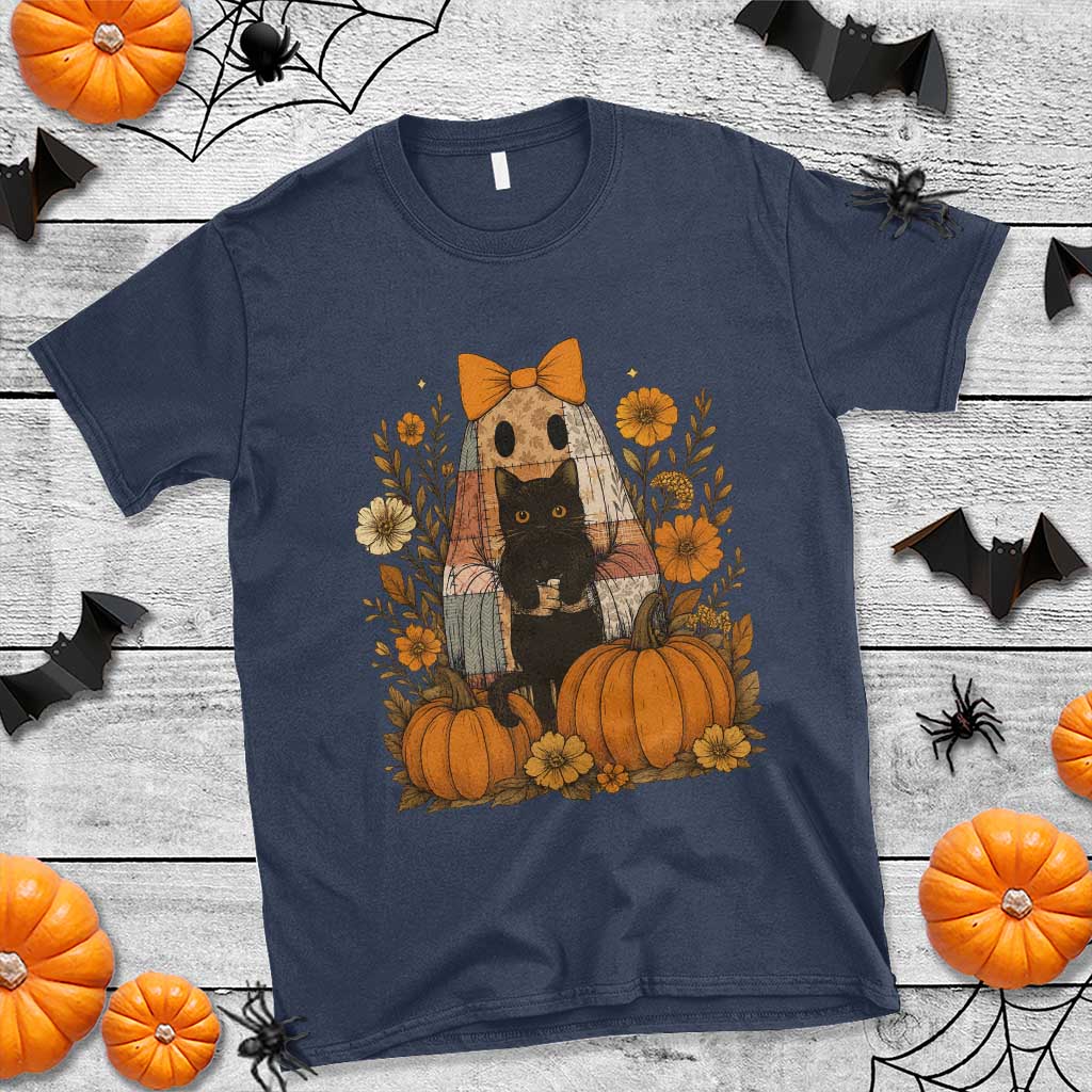 Halloween Vintage Patchwork Ghost Holding Black Cat Groovy Floral T Shirt TS11 Navy Print Your Wear