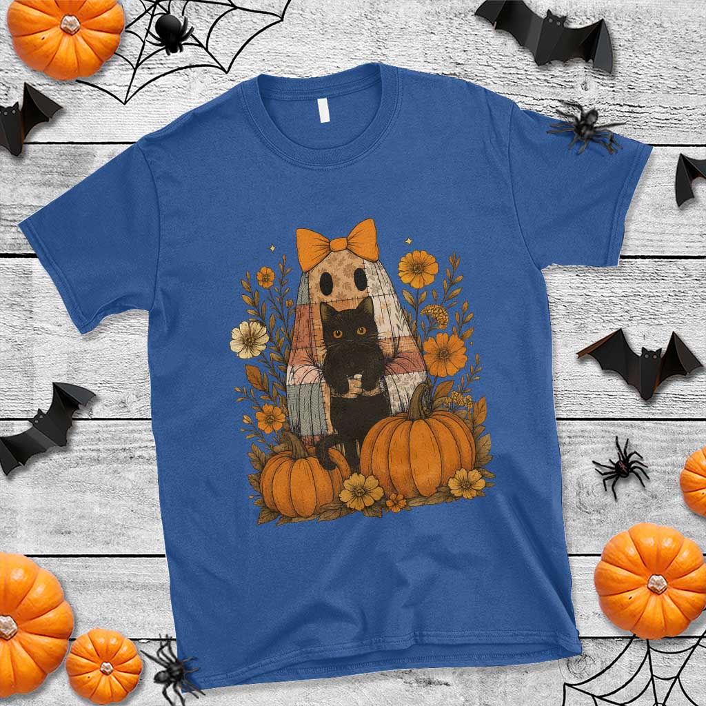 Halloween Vintage Patchwork Ghost Holding Black Cat Groovy Floral T Shirt TS11 Royal Blue Print Your Wear