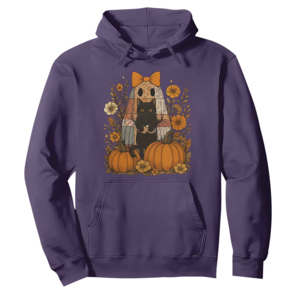 Halloween Vintage Patchwork Ghost Holding Black Cat Groovy Floral Hoodie TS11 Purple Print Your Wear