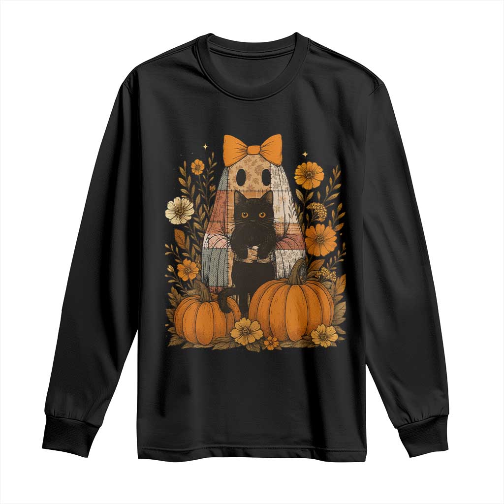 Halloween Vintage Patchwork Ghost Holding Black Cat Groovy Floral Long Sleeve Shirt TS11 Black Print Your Wear