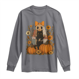 Halloween Vintage Patchwork Ghost Holding Black Cat Groovy Floral Long Sleeve Shirt TS11 Charcoal Print Your Wear