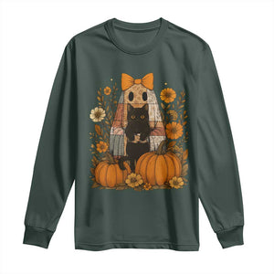 Halloween Vintage Patchwork Ghost Holding Black Cat Groovy Floral Long Sleeve Shirt TS11 Dark Forest Green Print Your Wear