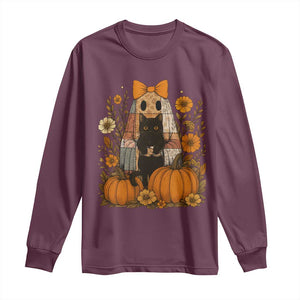 Halloween Vintage Patchwork Ghost Holding Black Cat Groovy Floral Long Sleeve Shirt TS11 Maroon Print Your Wear