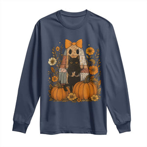 Halloween Vintage Patchwork Ghost Holding Black Cat Groovy Floral Long Sleeve Shirt TS11 Navy Print Your Wear