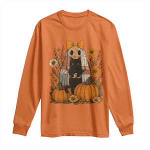 Halloween Vintage Patchwork Ghost Holding Black Cat Groovy Floral Long Sleeve Shirt TS11 Orange Print Your Wear