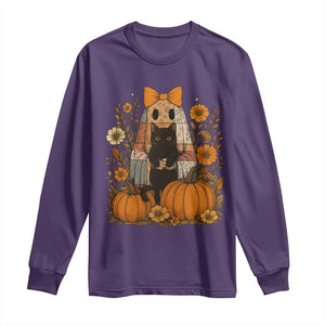 Halloween Vintage Patchwork Ghost Holding Black Cat Groovy Floral Long Sleeve Shirt TS11 Purple Print Your Wear