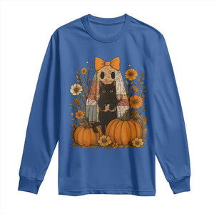 Halloween Vintage Patchwork Ghost Holding Black Cat Groovy Floral Long Sleeve Shirt TS11 Royal Blue Print Your Wear