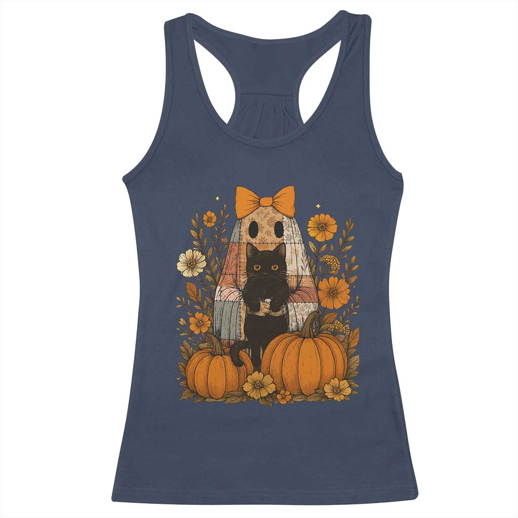 Halloween Vintage Patchwork Ghost Holding Black Cat Groovy Floral Racerback Tank Top TS11 Navy Print Your Wear