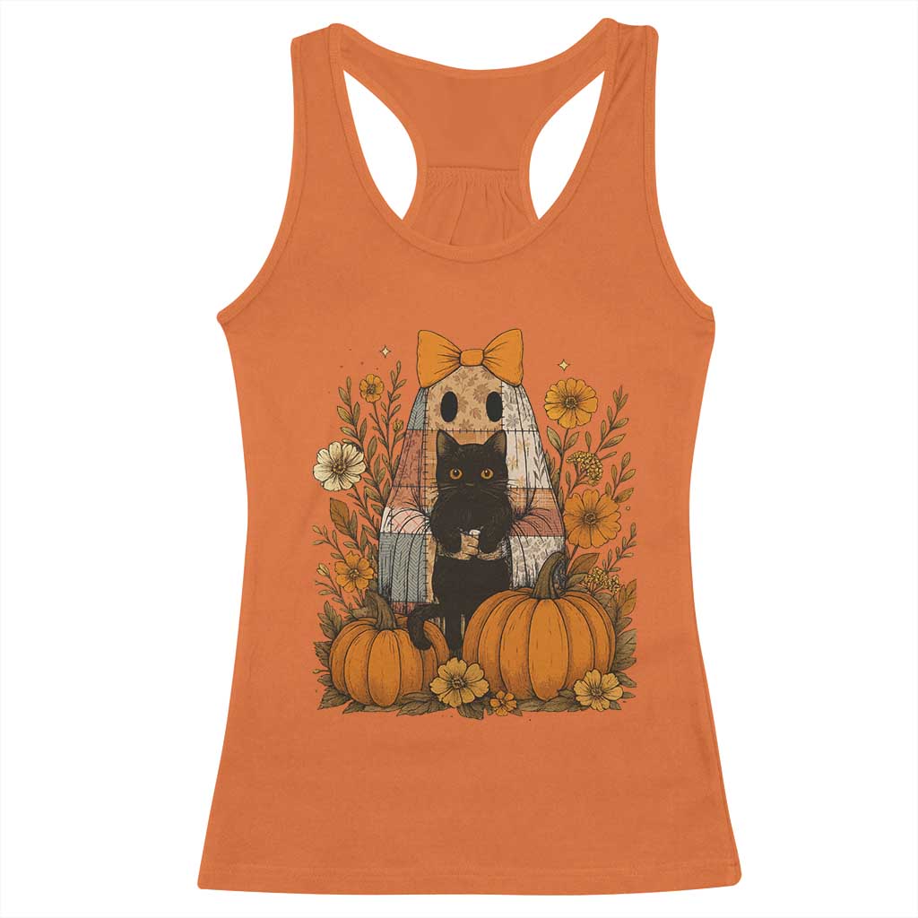 Halloween Vintage Patchwork Ghost Holding Black Cat Groovy Floral Racerback Tank Top TS11 Orange Print Your Wear