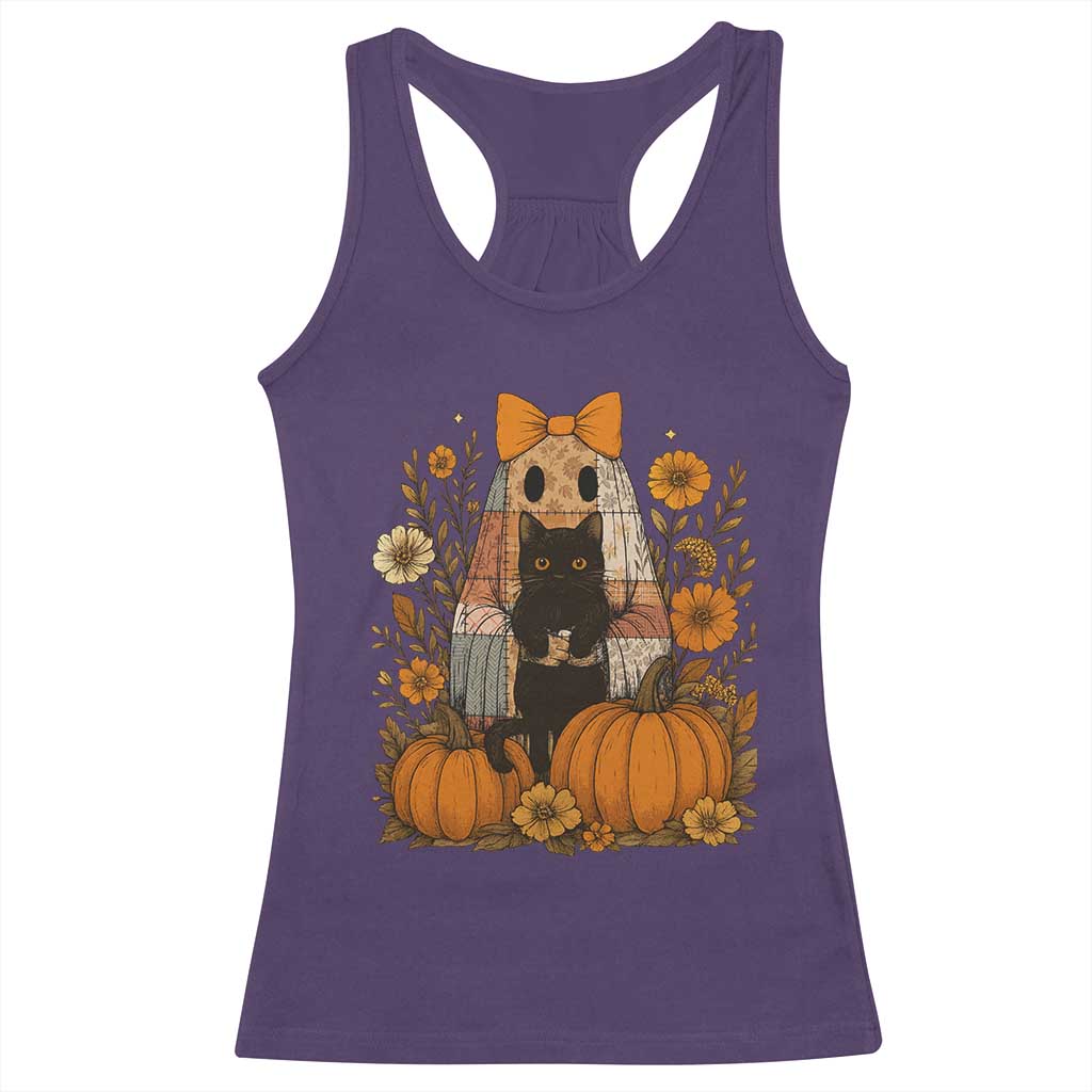 Halloween Vintage Patchwork Ghost Holding Black Cat Groovy Floral Racerback Tank Top TS11 Purple Print Your Wear