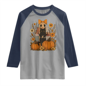 Halloween Vintage Patchwork Ghost Holding Black Cat Groovy Floral Raglan Shirt TS11 Sport Gray Navy Print Your Wear
