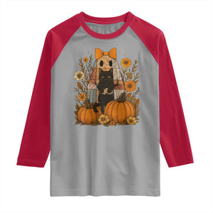 Halloween Vintage Patchwork Ghost Holding Black Cat Groovy Floral Raglan Shirt TS11 Sport Gray Red Print Your Wear