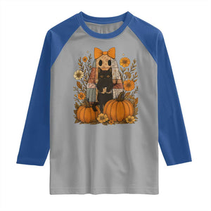 Halloween Vintage Patchwork Ghost Holding Black Cat Groovy Floral Raglan Shirt TS11 Sport Gray Royal Print Your Wear