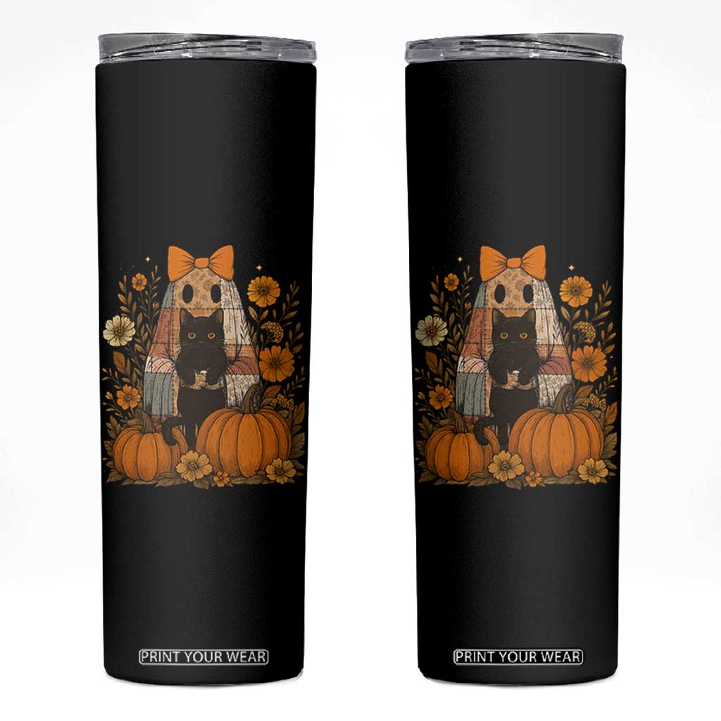 Halloween Vintage Patchwork Ghost Holding Black Cat Groovy Floral Skinny Tumbler TS11 Black Print Your Wear