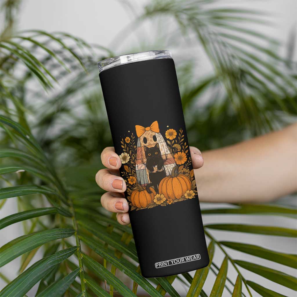 Halloween Vintage Patchwork Ghost Holding Black Cat Groovy Floral Skinny Tumbler TS11 Print Your Wear