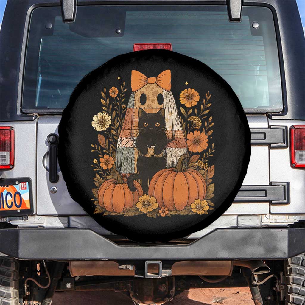 Halloween Vintage Patchwork Ghost Holding Black Cat Groovy Floral Spare Tire Cover TS11 No hole Black Print Your Wear