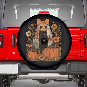 Halloween Vintage Patchwork Ghost Holding Black Cat Groovy Floral Spare Tire Cover TS11 Black Print Your Wear