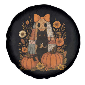 Halloween Vintage Patchwork Ghost Holding Black Cat Groovy Floral Spare Tire Cover TS11 Print Your Wear