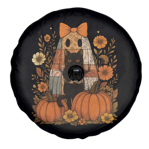 Halloween Vintage Patchwork Ghost Holding Black Cat Groovy Floral Spare Tire Cover TS11 Print Your Wear