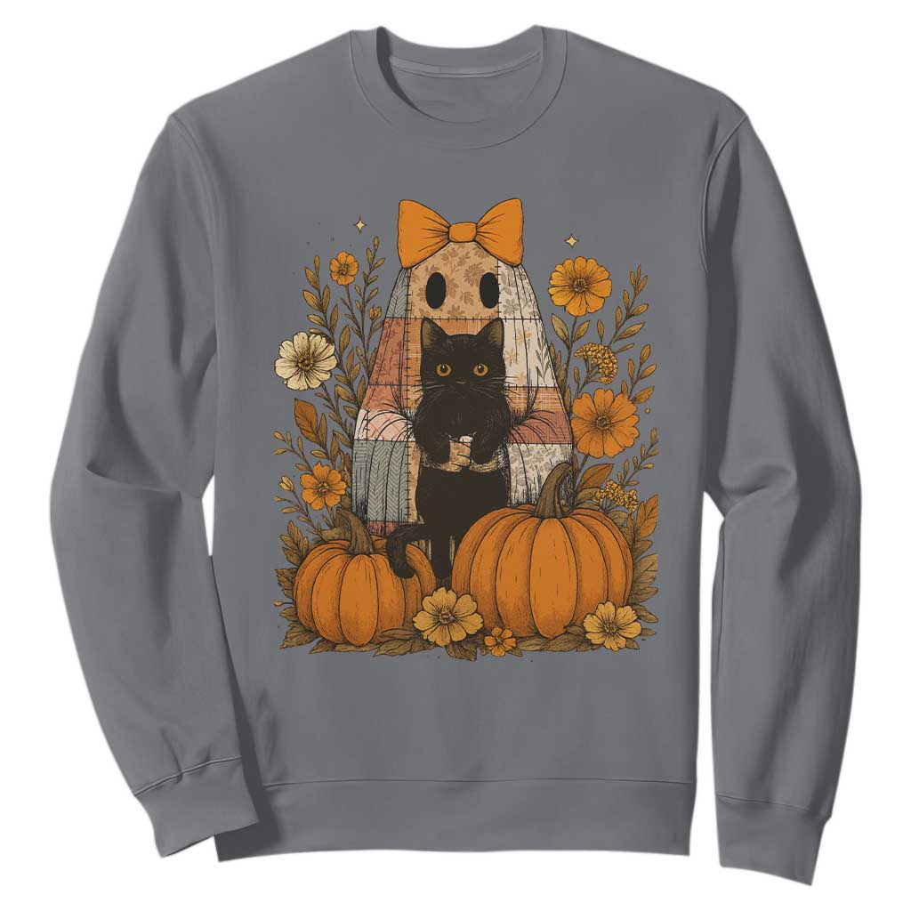 Halloween Vintage Patchwork Ghost Holding Black Cat Groovy Floral Sweatshirt TS11 Charcoal Print Your Wear