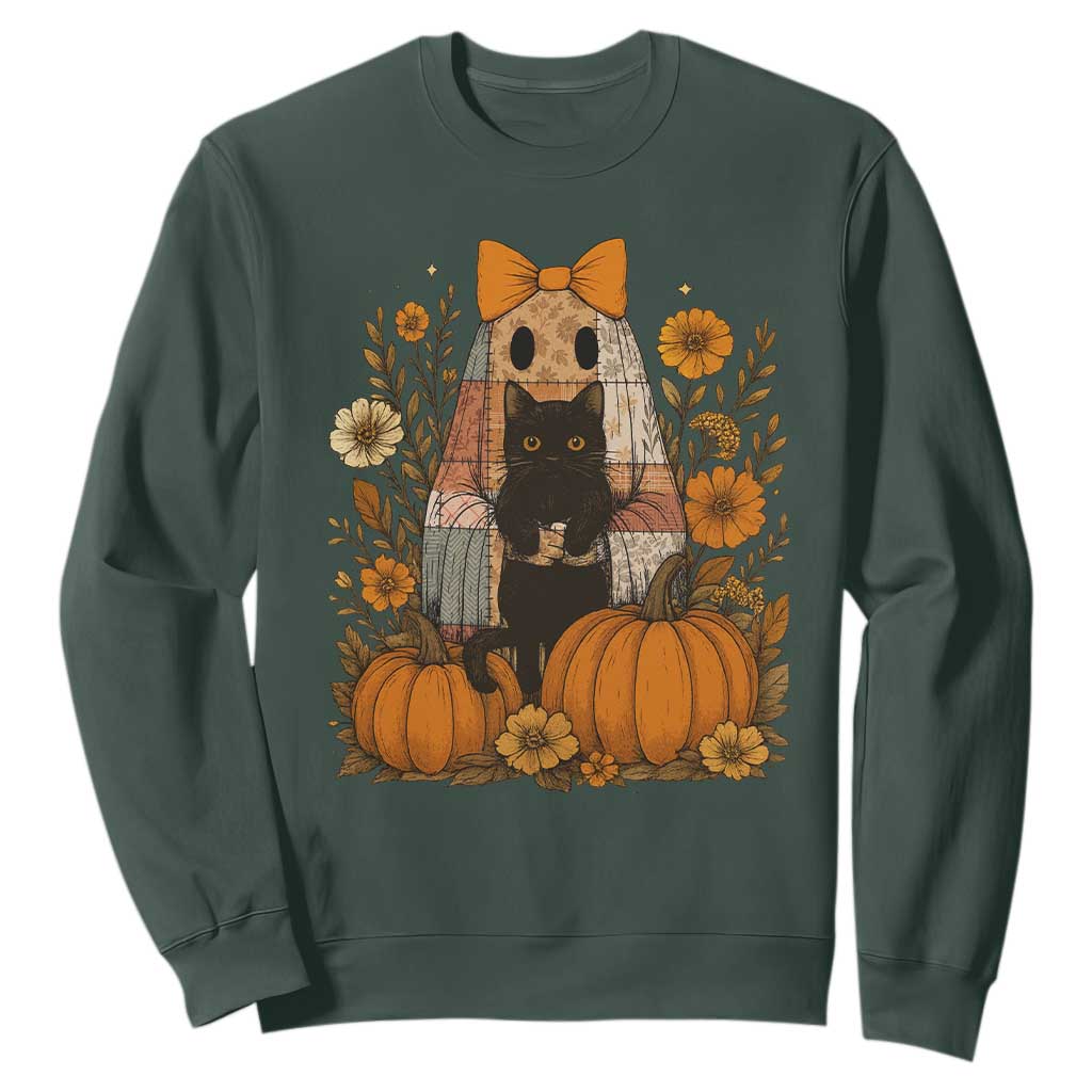 Halloween Vintage Patchwork Ghost Holding Black Cat Groovy Floral Sweatshirt TS11 Dark Forest Green Print Your Wear