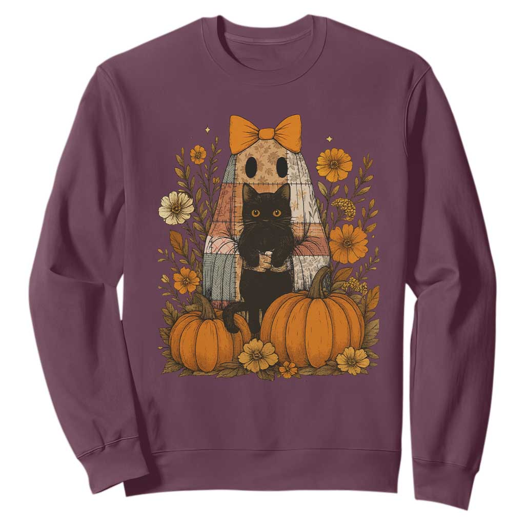 Halloween Vintage Patchwork Ghost Holding Black Cat Groovy Floral Sweatshirt TS11 Maroon Print Your Wear