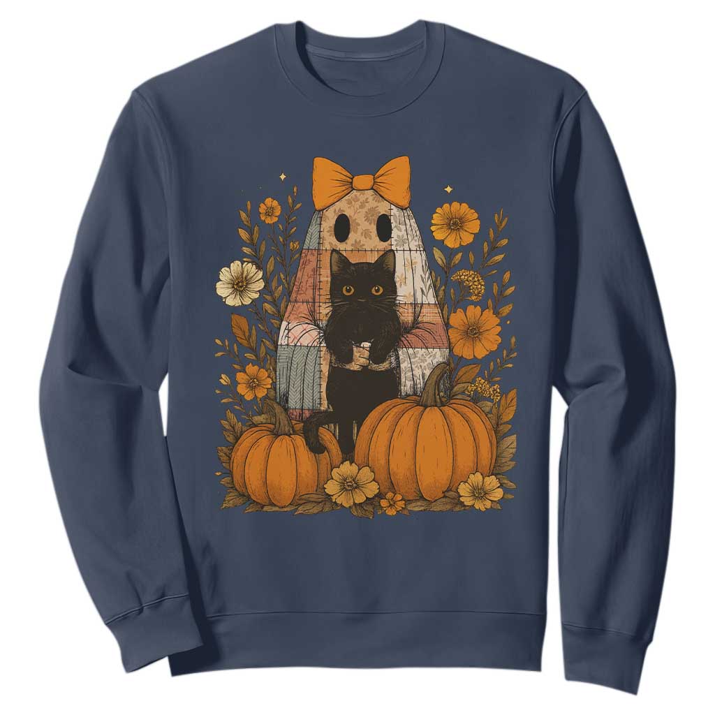 Halloween Vintage Patchwork Ghost Holding Black Cat Groovy Floral Sweatshirt TS11 Navy Print Your Wear