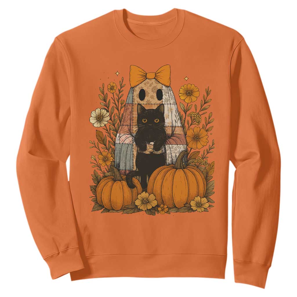 Halloween Vintage Patchwork Ghost Holding Black Cat Groovy Floral Sweatshirt TS11 Orange Print Your Wear
