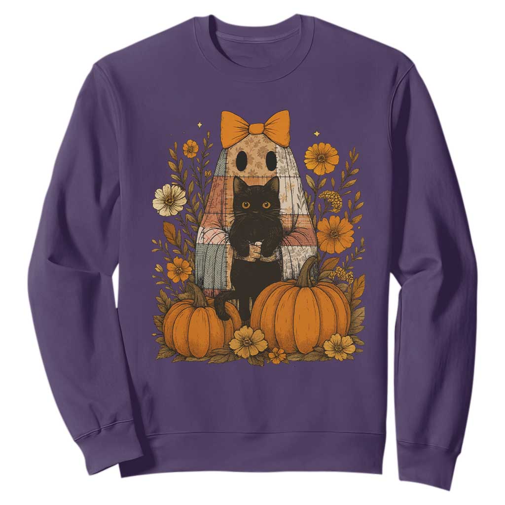 Halloween Vintage Patchwork Ghost Holding Black Cat Groovy Floral Sweatshirt TS11 Purple Print Your Wear