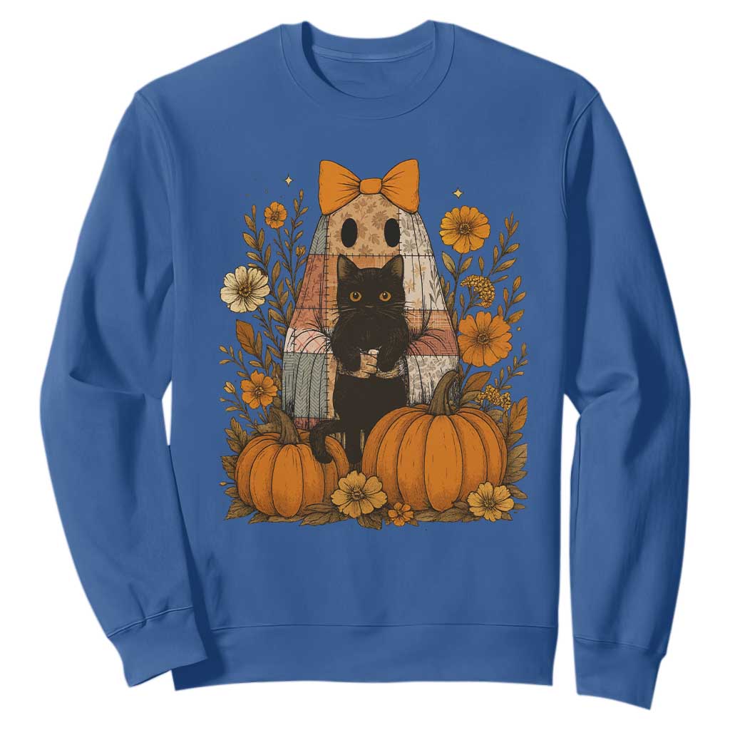 Halloween Vintage Patchwork Ghost Holding Black Cat Groovy Floral Sweatshirt TS11 Royal Blue Print Your Wear