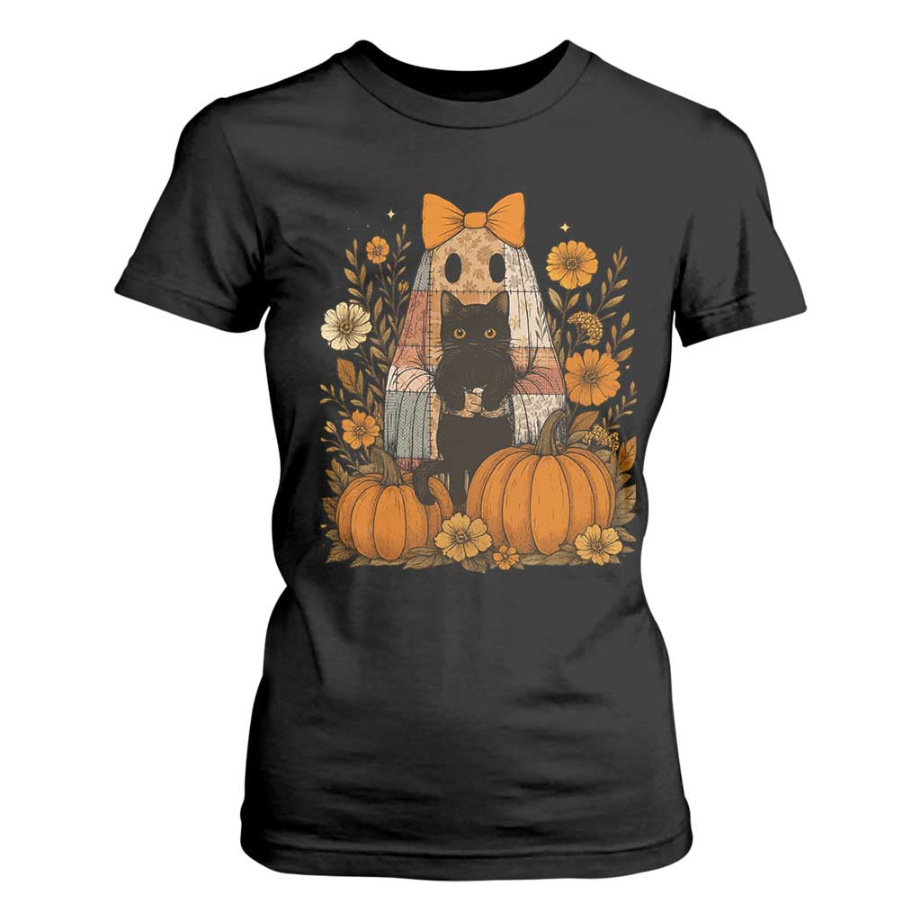 Halloween Vintage Patchwork Ghost Holding Black Cat Groovy Floral T Shirt For Women TS11 Black Print Your Wear