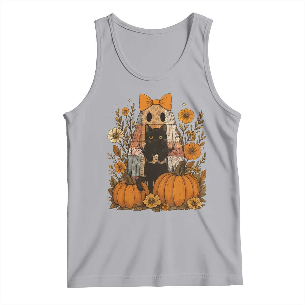 Halloween Vintage Patchwork Ghost Holding Black Cat Groovy Floral Tank Top TS11 Athletic Heather Print Your Wear