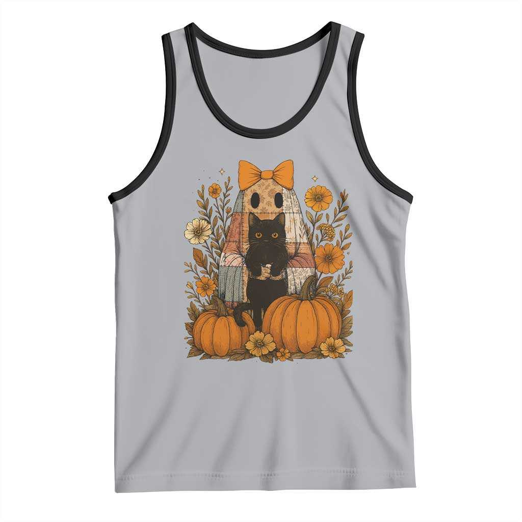 Halloween Vintage Patchwork Ghost Holding Black Cat Groovy Floral Tank Top TS11 Athletic Heather Black Print Your Wear
