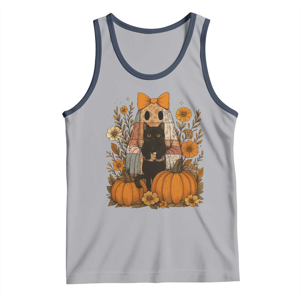 Halloween Vintage Patchwork Ghost Holding Black Cat Groovy Floral Tank Top TS11 Athletic Heather Navy Print Your Wear
