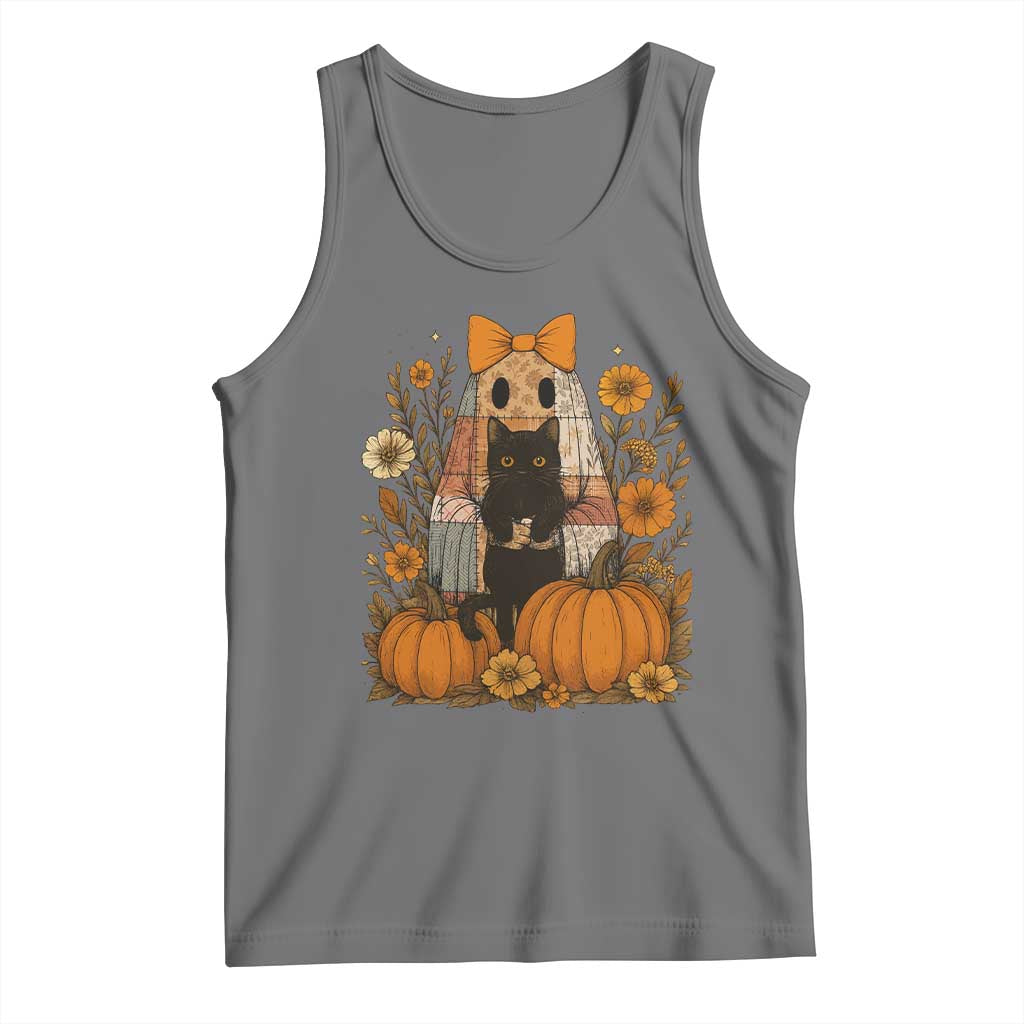 Halloween Vintage Patchwork Ghost Holding Black Cat Groovy Floral Tank Top TS11 Black Heather Print Your Wear