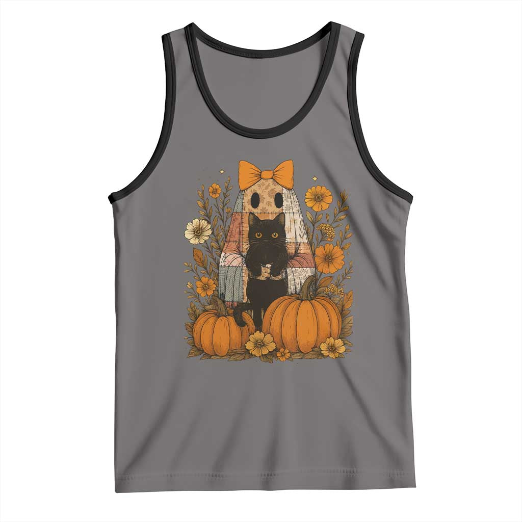 Halloween Vintage Patchwork Ghost Holding Black Cat Groovy Floral Tank Top TS11 Deep Heather Black Print Your Wear