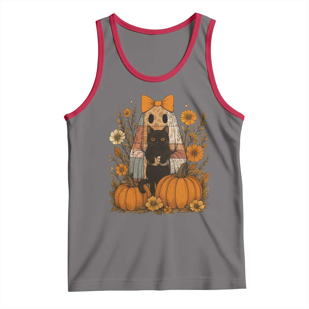 Halloween Vintage Patchwork Ghost Holding Black Cat Groovy Floral Tank Top TS11 Deep Heather Red Print Your Wear