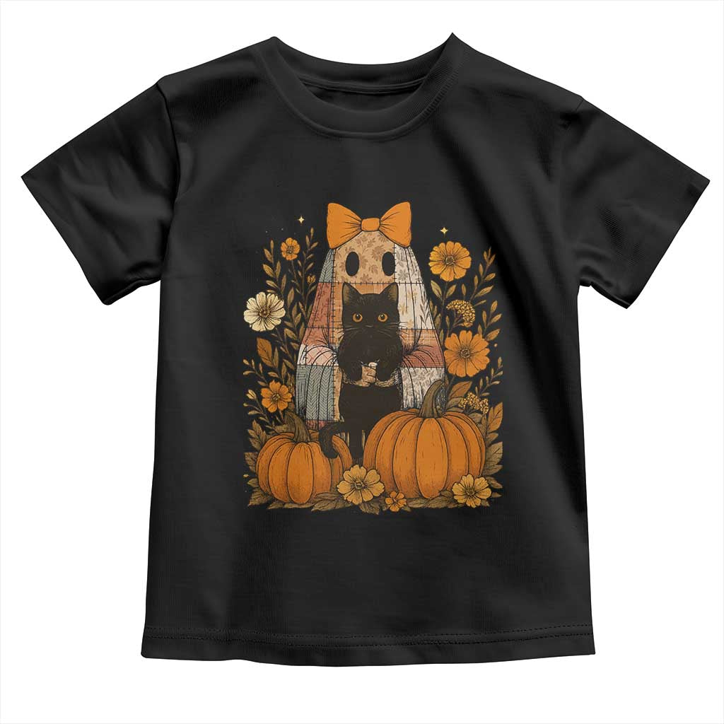 Halloween Vintage Patchwork Ghost Holding Black Cat Groovy Floral Toddler T Shirt TS11 Black Print Your Wear