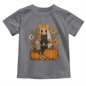 Halloween Vintage Patchwork Ghost Holding Black Cat Groovy Floral Toddler T Shirt TS11 Charcoal Print Your Wear