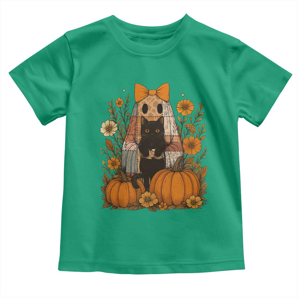 Halloween Vintage Patchwork Ghost Holding Black Cat Groovy Floral Toddler T Shirt TS11 Irish Green Print Your Wear