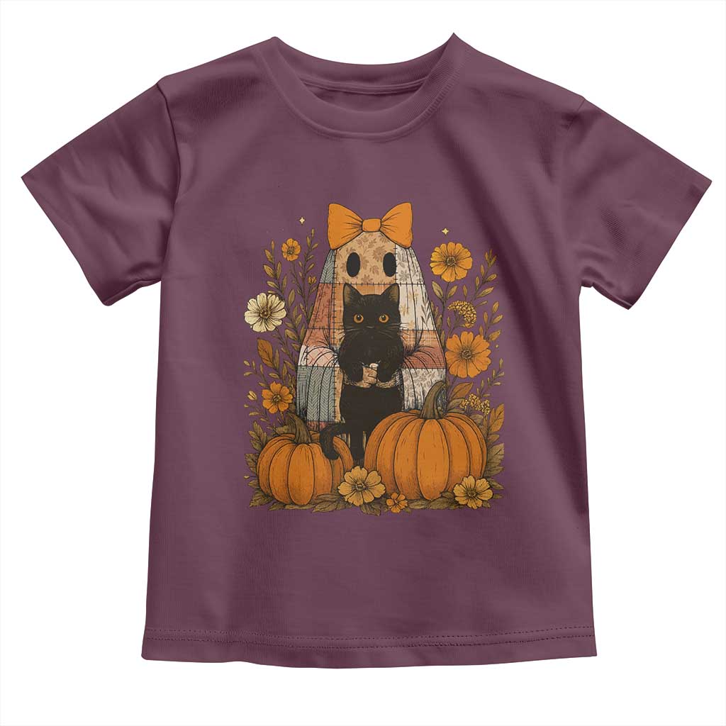 Halloween Vintage Patchwork Ghost Holding Black Cat Groovy Floral Toddler T Shirt TS11 Maroon Print Your Wear