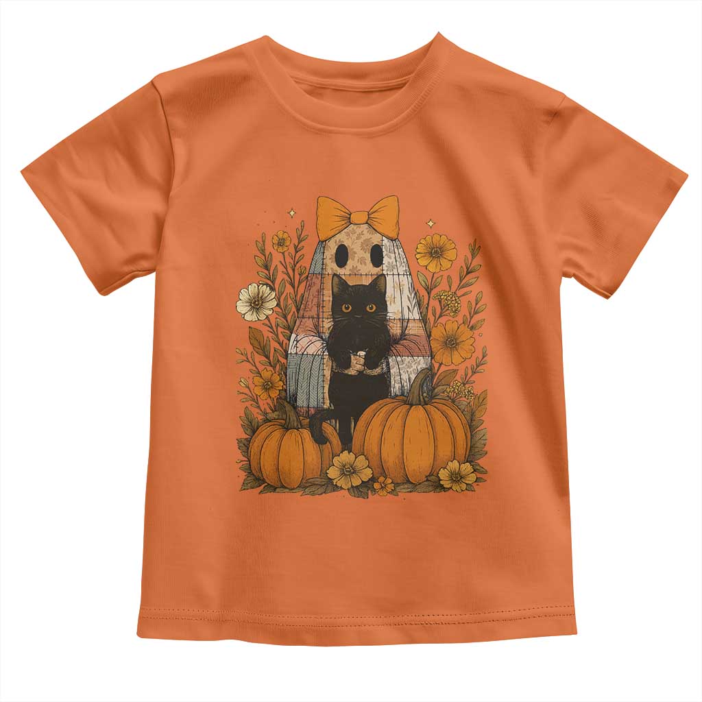 Halloween Vintage Patchwork Ghost Holding Black Cat Groovy Floral Toddler T Shirt TS11 Orange Print Your Wear