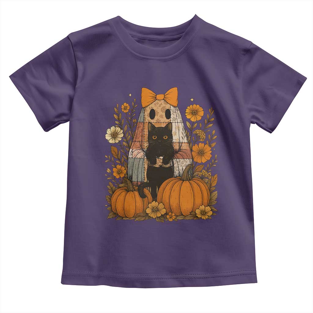 Halloween Vintage Patchwork Ghost Holding Black Cat Groovy Floral Toddler T Shirt TS11 Purple Print Your Wear