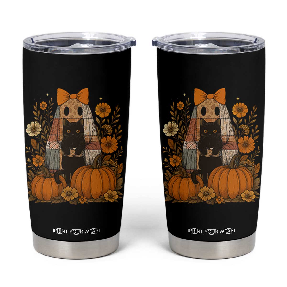 Halloween Vintage Patchwork Ghost Holding Black Cat Groovy Floral Tumbler Cup TS11 Black Print Your Wear