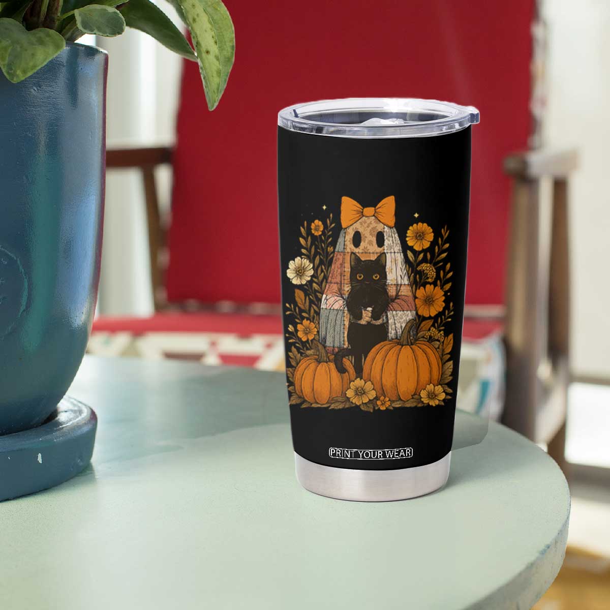 Halloween Vintage Patchwork Ghost Holding Black Cat Groovy Floral Tumbler Cup TS11 Print Your Wear