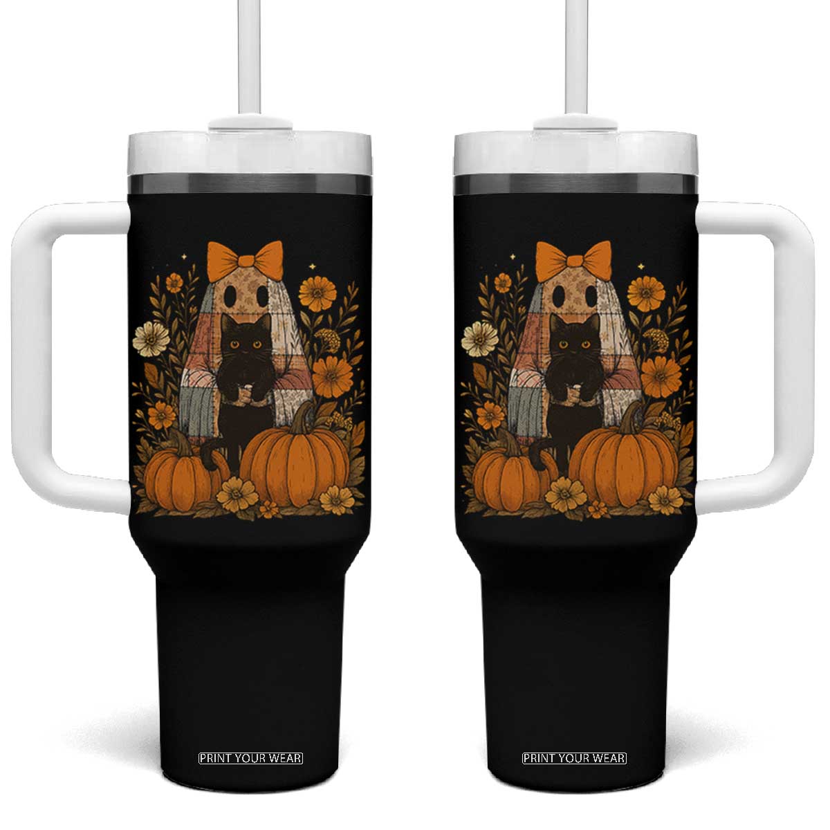 Halloween Vintage Patchwork Ghost Holding Black Cat Groovy Floral Tumbler With Handle TS11 One Size: 40 oz Black Print Your Wear